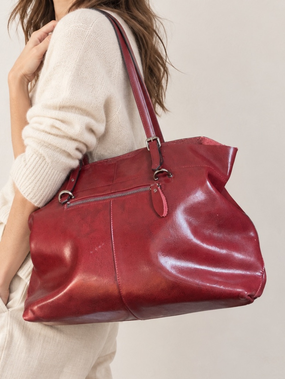 S-Zone Red Large Genuine Leather Shoulder Bag Tote